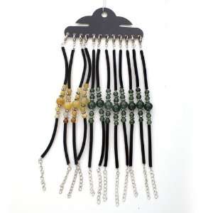  Beaded Bracelets with Jade Hearts on Velvet Chain (12 Pcs 