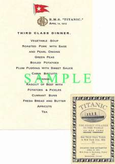TITANIC DINNER MENU & TICKET 14 APRIL 1912 PHOTO 3 CLS  