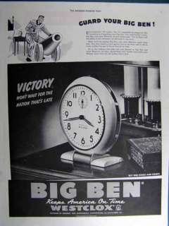 1943 Big Ben Westclox alarm clocks Buy War bonds WW2 AD  