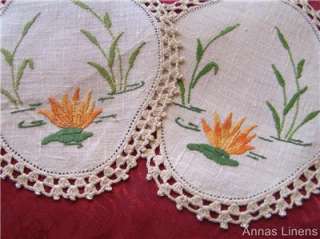 Vintage Linen Doilies Hand Embroidered Lotus Flowers Lace Trim  