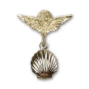   Gold Baby Badge with Shell Charm and Angel w/Wings Badge Pin Jewelry
