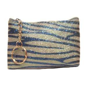  Purse Coin Pouch Holder with Key Chain Ring, Blue Glittery Animal 