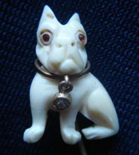 Old Antique FAUX IVORY BULLDOG DOG STICK PIN Ruby Eyes Diamond Collar 
