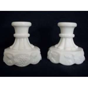 Vintage Pair Westmoreland Paneled Grapes Milk Glass Octagonal Candle 