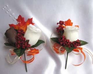 21pc Bridal Bouquet wedding silk flowers FALL BROWN ORANGE BURGUNDY 