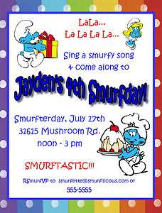 Smurf Smurfette Baby Smurf Birthday Party Invitation Sticker Thank You 