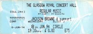JACKSON BROWNE 1994 GLASGOW ROYAL HALL UNUSED SCOTLAND TICKET  