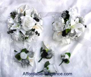 BLACK SILVER WHITE ~ Wedding Set ~ Silk Flowers Bridal Bouquets 