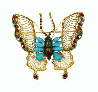 EXQUISITE VINTAGE 18K GOLD & GEMS BUTTERFLY PIN BROOCH  