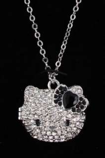   Kitty Black Rhinestone Heart Bow Locket Pendant Necklace Clothing