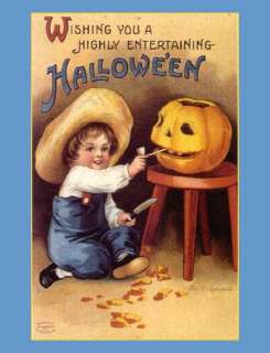 Vint. Halloween Victorian Boy carving pumpkin HALLOWEEN  