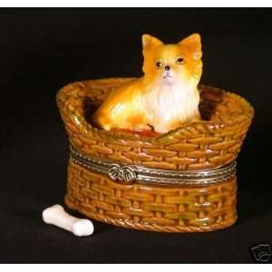  Porcelain Hinged Boxes Pomeranian Puppy Dog in Bed Basket 