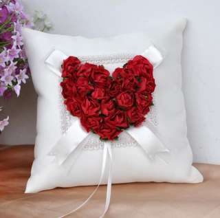   Red Rose Heart shape Wedding Ceremony Satin Ring Bearer Pillow GB29c