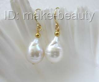   15mm baroque white keshi reborn freshwater pearls dangle earrings 14K