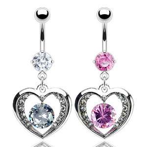   Stainless Steel Large Dangling CZ Heart Navel Ring (Pink or Clear