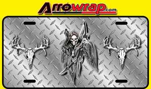 Grim reaper/deer skulls license plate on diamond plate look background 
