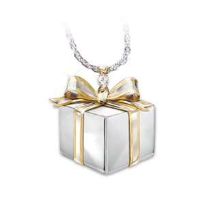 Mom, A Gift Of Love Sterling Silver Diamond Gift Box Pendant Necklace 