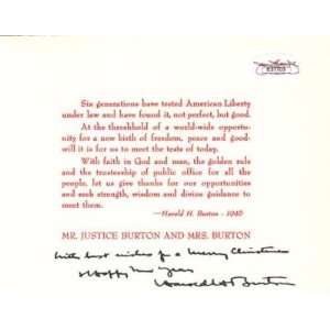 HAROLD H. BURTON HAND SIGNED 1940s HOLIDAY CARD JSA COA   Sports 