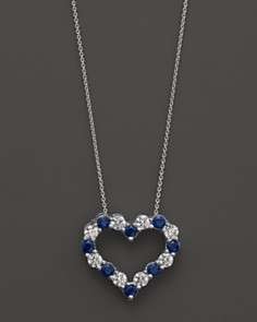 Diamond and Sapphire Heart Pendant Necklace in 14K White Gold, 18