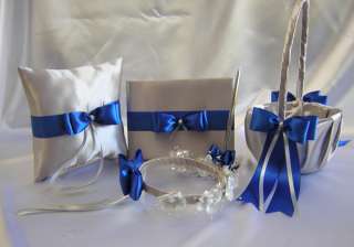 Silver Royal Blue Flower Girl Basket Halo Ring Pillow Guest Book Pen 