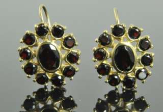 Estate Vtg 14K Gold Garnet Flower Cluster Drop Earrings  