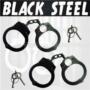 2pc Set HANDCUFFS BLACK STEEL Double Lock OFFICIAL Police Hand Cuffs W 