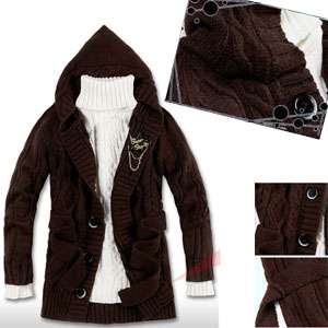 Mens Casual Slim Woolen Sweater Hooded Cardigan Knitting Coat Jacket 5 