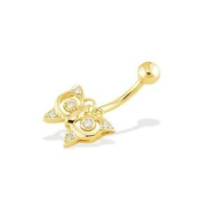    14k Yellow Gold Butterfly CZ Stone Designer Belly Ring Jewelry