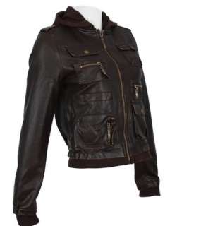 2012 New Womens Hooded Bomber Leather Jacket Style Brown  