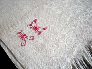 Early Vintage Linen Damask Fringe Monogram Show Towel  