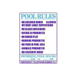 POOL RULES/SWIMMING POOL HOURS 24x18 Heavy Duty Plastic Indoor/Outdoor 
