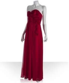 by Allen Schwartz red silk chiffon strapless rosette long dress 