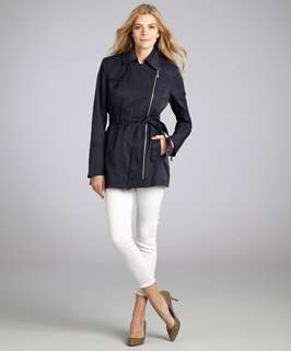 Vince Camuto navy cotton blend belted asymmetric zip trench coat