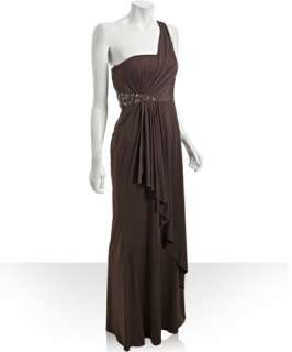 Hoaglund New York dark chocolate jersey jeweled one shoulder dress