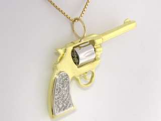 3D 14K GOLD DIAMOND PISTOL REVOLVER PENDANT CHARM MOVES  