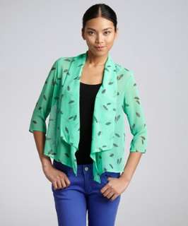Romeo & Juliet Couture pistachio green feather print open front jacket 