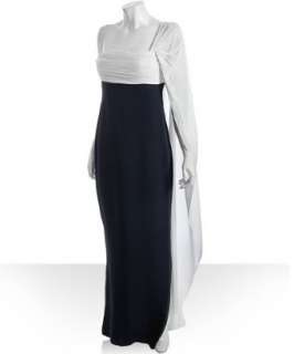 Notte by Marchesa black and white silk draped one shoulder gown 