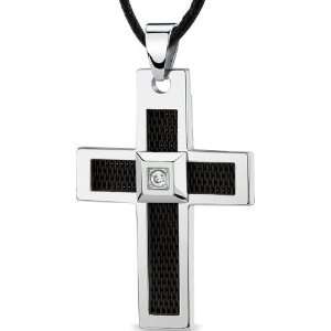  Stainless Steel Large Cross Pendant with Black wire mesh 