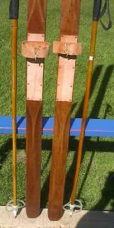 VINTAGE Wooden Skis 80 Long + Bamboo Poles ANTIQUE  