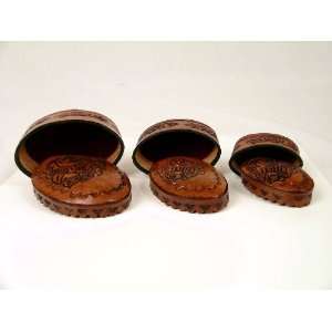  New Boxes Set of Three Hand Tooled Leather 3 in 1 Oval 