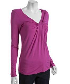 Three Dots rosy pink stretch gathered v neck long sleeve top   
