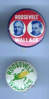   Franklin D. Roosevelt + Henry WALLACE FDR 2 button pin pinback  