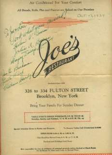 Joes Restaurant Menu Brooklyn New York 1939  