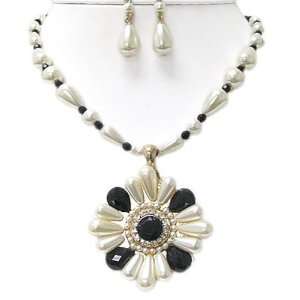   Black Crystal and Faux Pearl Flower Pendant Necklace and Earrings Set
