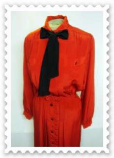 Vintage 80s Shirt Dress Tomato Red w Belt Neck Bow B40  
