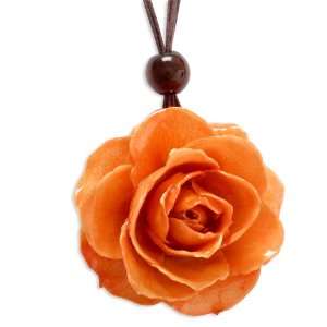  Lacquer Dipped Orange Rose w/ Brown Cotton Cord Necklace Jewelry