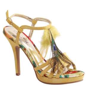   PEACOCK PATTERN FEATHER UPPER T STRAP ANKLE SLINGBACK SANDALS YELLOW