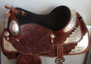 16 Tan Medium Oil Oak Leaf Silver Plated Western Trail Show Saddle 