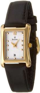 Bulova Womens Gold Tone Black Leather Strap 97M48 Watch  