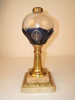   ATTERBURY PATENTED TULIP & STAR COBALT OVER CLEAR EARLY FLUID LAMP